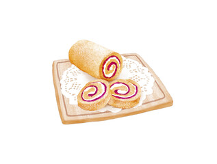Watercolor Illustration of a dessert Swiss roll on a wooden board