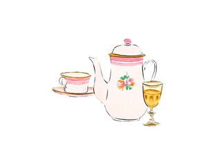 Watercolor Illustration of French porcelain teapot, teacup and a glass of wine
