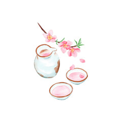 Watercolor Illustration of Chinese Traditional Drink - Peach Blossom Wine. A large pot of wine and two small bowls, with a peach blossom branch above it.
