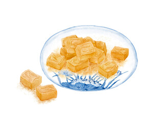 Watercolor Illustration of Chinese Snack - Peanut Crisp Candies on a Blue and White Porcelain Plate