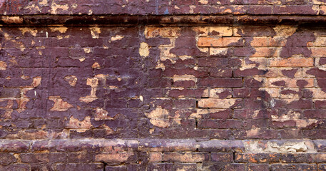dirty wall background texture with ancient bricks and irregular tones of brown from a peeling painting - steampunk wallpaper framed up and down