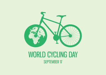 Fototapeta na wymiar World Cycling Day vector. Green bicycle icon vector. Bike silhouette isolated on a green background. Bicycle with planet earth vector. Cycling Day Poster, September 17. Important day