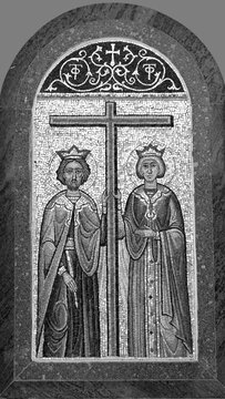 Icon of Saints Constantine and Helen at the Greek Orthodox Church in Cana, Israel. Black and white filter