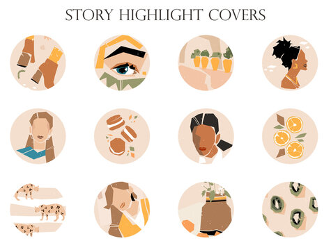 Collection of bright story highlight covers. Round vector backgrounds for social media. Abstract shapes, elements, pictures, lines, floral details, textures, dots for a blog or website. Cut paper.