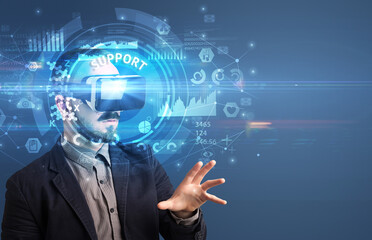Businessman looking through Virtual Reality glasses with SUPPORT inscription, innovative technology concept