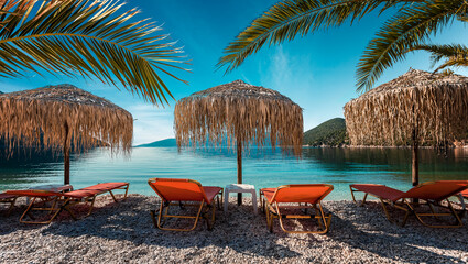 Inspirational tropical landscape. sunny beach with palm trees, Chairs, umbrella on the sandy beach near the sea.  Summer holiday and vacation concept for tourism. photo for background or postcard.