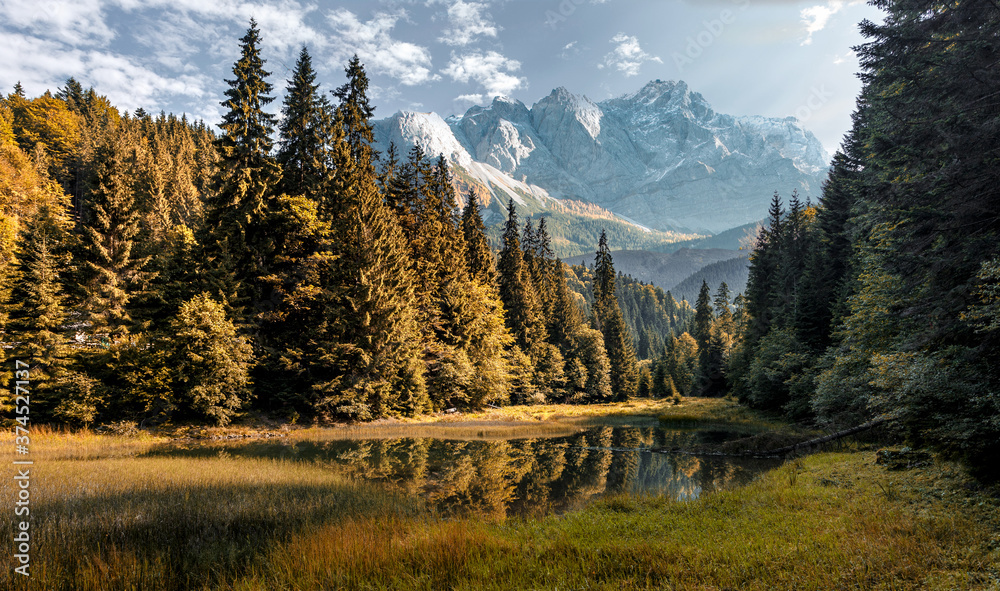 Aufkleber Amazing mountain scenery of summer. Awesome alpine highlands in sunny day. Scenic image of fairy-tale Landscape in sunlit with Majestic Rock Mountain on background. picture of Wild area.