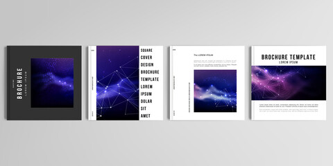 Realistic vector layouts of cover mockup templates for square brochure, cover design, flyer, book design, magazine, poster. Digital data visualization, polygonal science dark background.