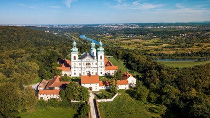 Camaldolese monastery and baroque church in the wood on the hill in Bielany , Krakow, Poland, aeral view .