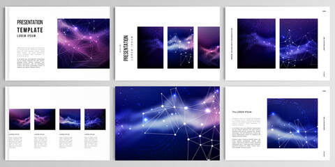 Vector layouts of presentation templates for brochure, cover design, flyer, book design, magazine, poster. Digital data visualization, polygonal science dark background.