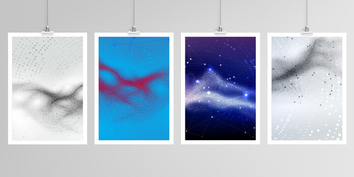 Realistic vector layouts of A4 mockup templates for brochure, flyer, cover design, book, brochure, poster. Colorful wavy particle surface background for technology or science cyber space concept.