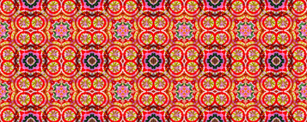 Fototapeta premium Boho Watercolor Pattern. Seamless Tie Dye Illustration. Ikat Mexican Print. Red, Green, Blue and Brown Seamless Texture. Abstract Batik Print. Hand Drawn Boho Watercolor Pattern.