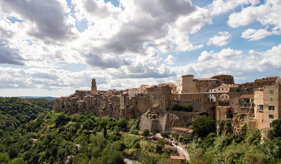 Spectacular view from Pitigliano, a small  medieval town in Tuscany, Italy, in a beautiful cloudy day