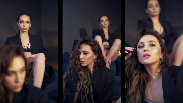 video collage, Two fashion girls in black lingerie and jackets posing for the camera. portrait of two stylish young women in a room with a dark blurred background. Luxury and sexy females on the sofa