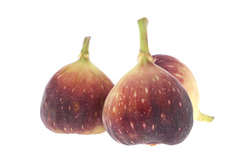 Fresh purple fig fruit and slices with leaf isolated on white background