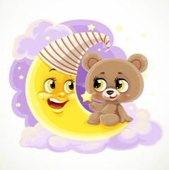 Cute teddy bear sitting on a crescent moon among clouds and stars