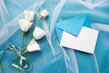 postcard mockup. bouquet of white flowers on a blue background. congratulation. invitation. wedding card
