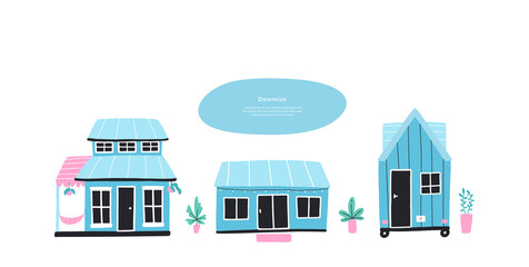 Vector panorama with tiny houses. Concept of downsizing, choosing real estate, compact living. Banner template with copy space.  - obrazy, fototapety, plakaty