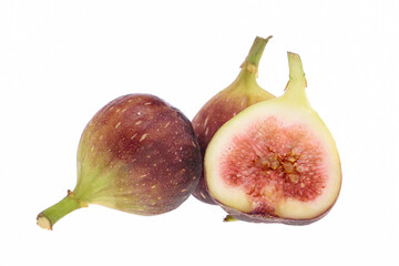 Fresh purple fig fruit and slices with leaf isolated on white background