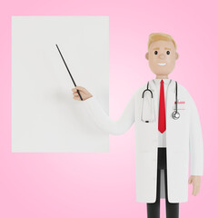 A male doctor stands and points to a presentation board. Vision test. 3D illustration in cartoon style.