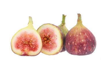 Fresh purple fig fruit and slices with leaf isolated on white background