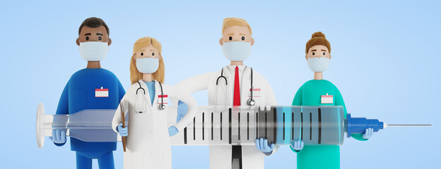 Doctors. A group of medical workers are holding a syringe. Chief physician and medical specialists. 3D illustration in cartoon style.