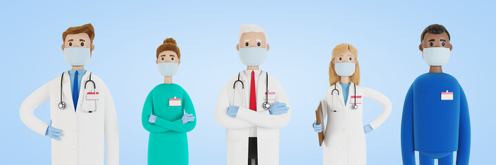 Doctors. A group of medical workers. Chief physician and medical specialists. 3D illustration in cartoon style.