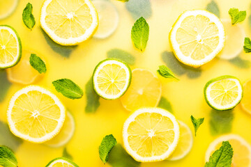 Lemon infused water, cocktail, lemonade or tea. Summer iced cold drink with lemon, lime and mint on yellow background. Summer heat. vitamin detox drink, health and immunity care. Flat lay