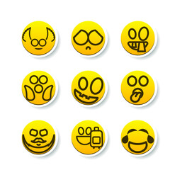 Set Of Yellow Sticker Collection Color Smile Different Emotions Emoticons Face Vector Design Cartoon Style With Shadows