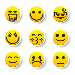 Fototapeta premium Set Of Yellow Sticker Collection Color Smile Different Emotions Emoticons Face Vector Design Cartoon Style With Shadows