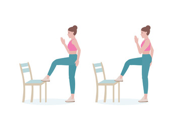 Exercises that can be done at-home using a sturdy chair.
Woman quickly alternate lifting her knees high to lightly tap the seat with her toes with Toe Taps posture. Illustration in cartoon style.