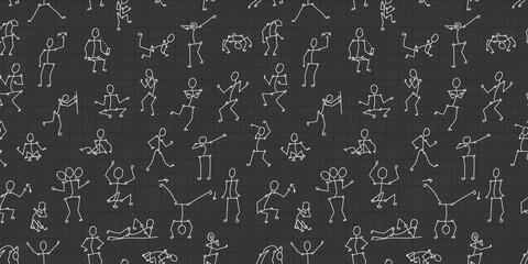 white vector seamless pattern with people bodies in different poses on dark gray or black mathematical background for paper or textile