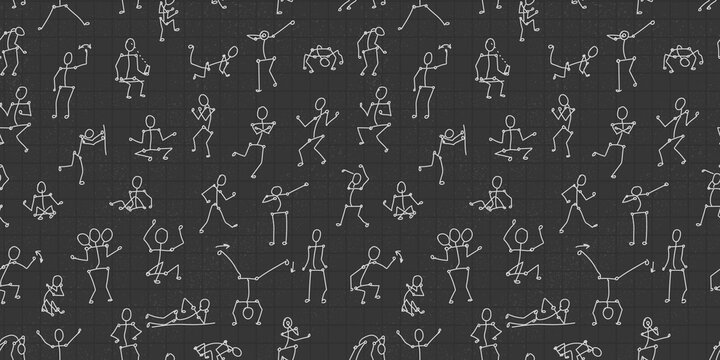 white vector seamless pattern with people bodies in different poses on dark gray or black mathematical background for paper or textile