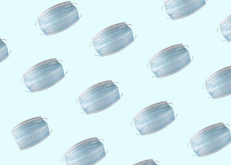 Surgical face masks for preventing allergy, pollution, dust, mold, flu, cold, germ, bacteria and coronavirus (COVID-19) spread - close up, isolated objects on a blue template background