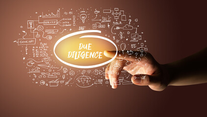 Hand touching DUE DILIGENCE inscription, hand drawn icons around, business plan concept
