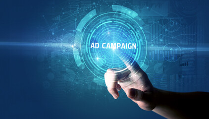 Hand touching AD CAMPAIGN button, modern business technology concept