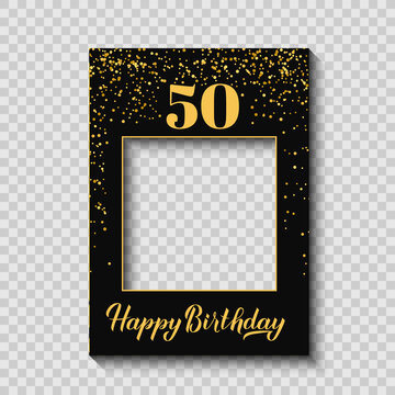 Happy 50th Birthday photo booth frame on a transparent ackground. Birthday party photobooth props. Black and gold confetti party decorations. Vector template