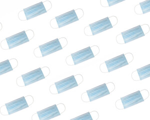 Surgical face masks for preventing allergy, pollution, dust, mold, flu, cold, germ, bacteria and coronavirus (COVID-19) spread - close up, isolated objects on a white template background