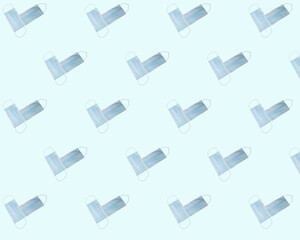 Surgical face masks for preventing allergy, pollution, dust, mold, flu, cold, germ, bacteria and coronavirus (COVID-19) spread - close up, isolated objects on a blue template background