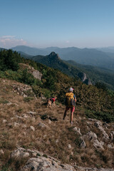 Fototapeta premium A dog traveler and its human owner with a backpack walk in the national Park and enjoy nature. A girl traveler and her German shepherd stand on a hill and look at the mountains around.
