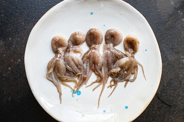 octopus baby raw fresh seafood on the table serving portion size top view place copy space for text diet pescetarian