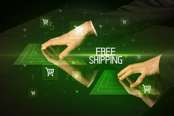 Online shopping with FREE SHIPPING inscription concept, with shopping cart icons