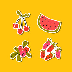 Collection of stickers with berries. Cherry, watermelon, cranberries, strawberries isolated on yellow backdrop. Hand drawn vegetarian food. Flat vector illustration for logo, web, apps, t-shirt design