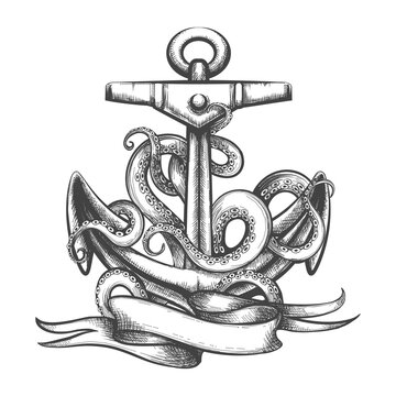 Anchor With Octopus Tentacles And Ribbon Tattoo