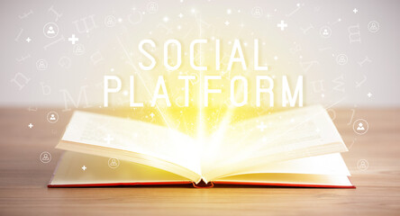 Open book with SOCIAL PLATFORM inscription, social media concept