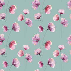 Seamless watercolor pattern with lilac abstract flowers and petals on a green background. Pastel color. Floral pattern for the fabrics, pajamas, clothes, wedding decorations, greeting cards.