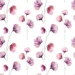 Seamless watercolor pattern with lilac abstract flowers and petals on a white background. Pastel color. Floral pattern for the fabrics, pajamas, clothes, wedding decorations, greeting cards.