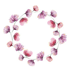 Frame with lilac abstract flowers and petals on a white background. Pastel color. Floral pattern for the fabrics, pajamas, clothes, wedding decorations, greeting cards.