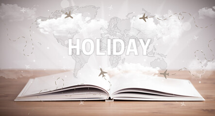 Open book with HOLIDAY inscription, vacation concept