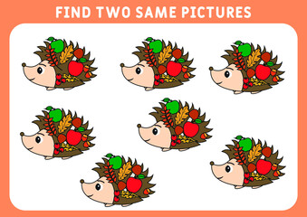 Children's educational game. Find two identical pictures. A set of funny hedgehogs, find two identical pictures for the game. Vector illustration.